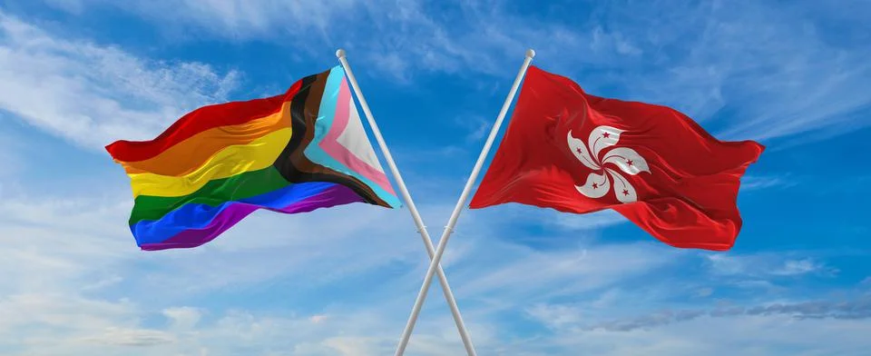 Crossed flags of progress lgbt pride and Hong Kong flag waving in the wind at Stock Illustration