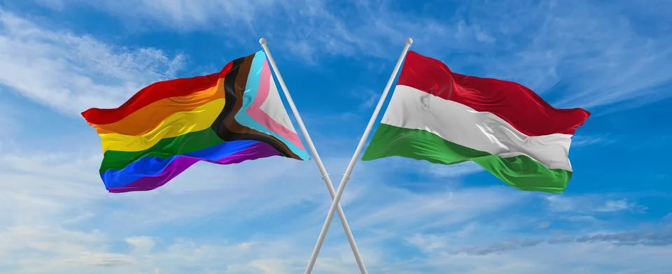 Crossed flags of progress lgbt pride and Hungary flag waving in the wind at c Stock Illustration