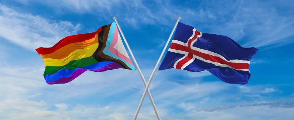 Crossed flags of progress lgbt pride and Iceland flag waving in the wind at c Stock Illustration