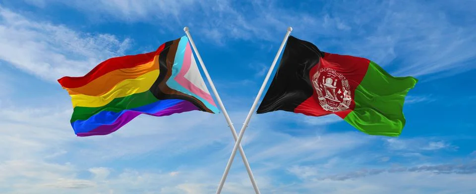 Crossed flags of progress lgbt pride and Afghanistan flag waving in the wind  Stock Illustration