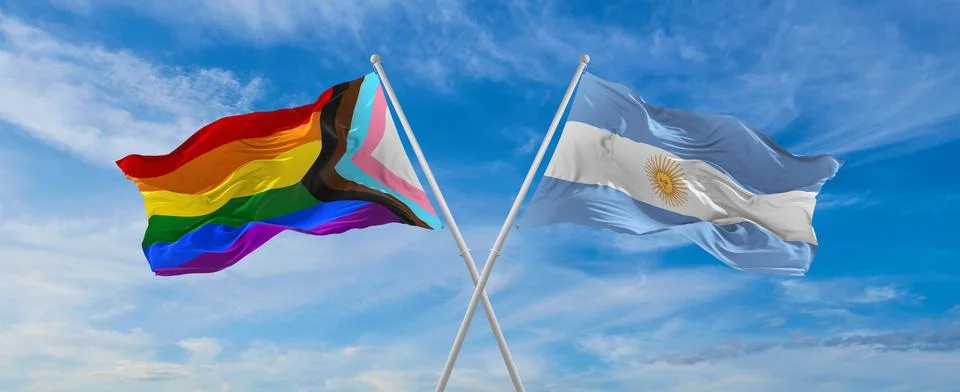 Crossed flags of progress lgbt pride and Argentina flag waving in the wind at Stock Illustration