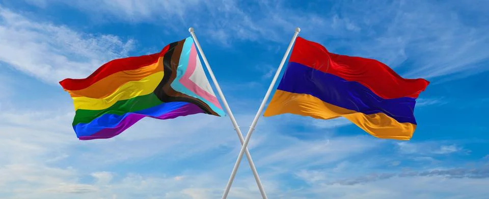 Crossed flags of progress lgbt pride and Armenia flag waving in the wind at c Stock Illustration