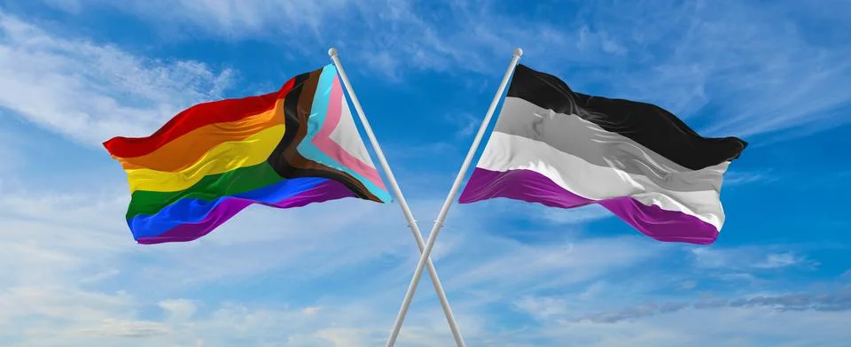 Crossed flags of progress lgbt pride and asexuality Pride flag waving in the  Stock Illustration