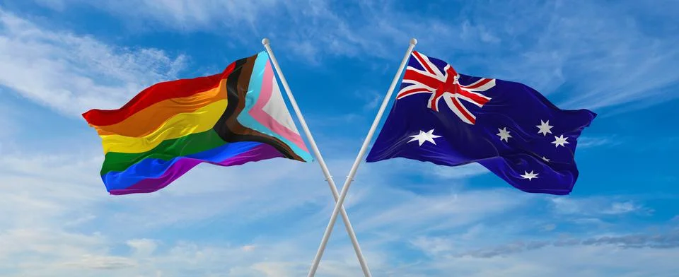 Crossed flags of progress lgbt pride and Australia flag waving in the wind at Stock Illustration