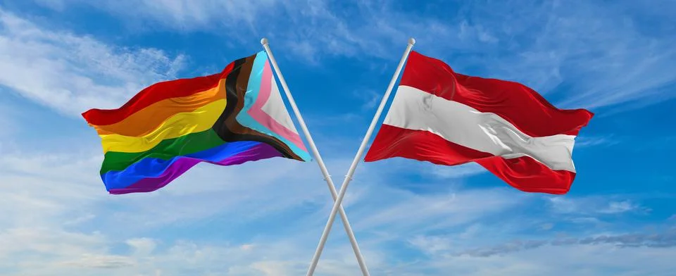 Crossed flags of progress lgbt pride and Austria flag waving in the wind at c Stock Illustration
