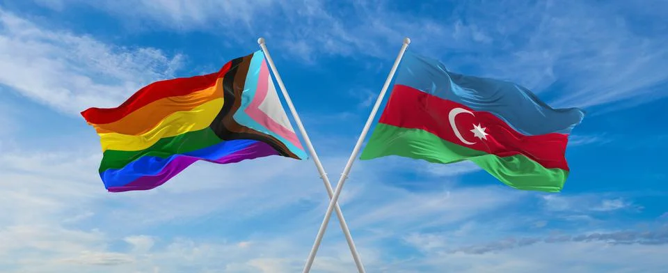 Crossed flags of progress lgbt pride and Azerbaijan flag waving in the wind a Stock Illustration