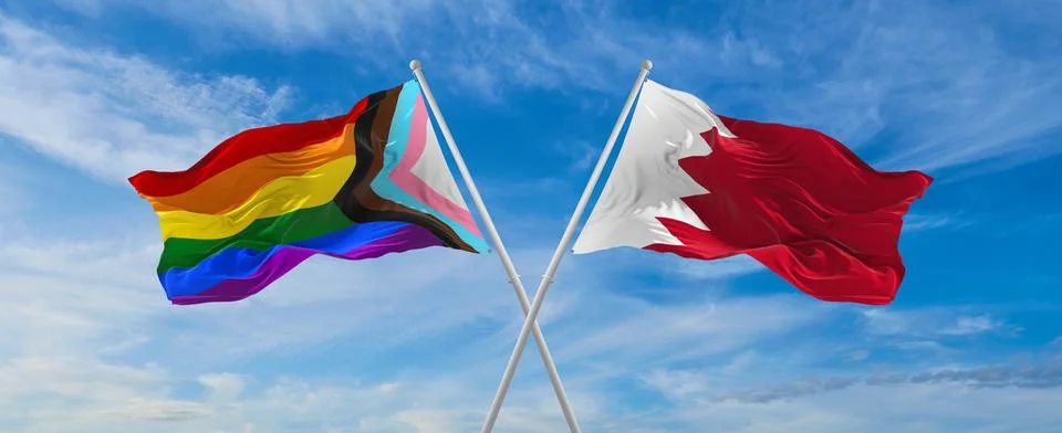 Crossed flags of progress lgbt pride and Bahrain flag waving in the wind at c Stock Illustration