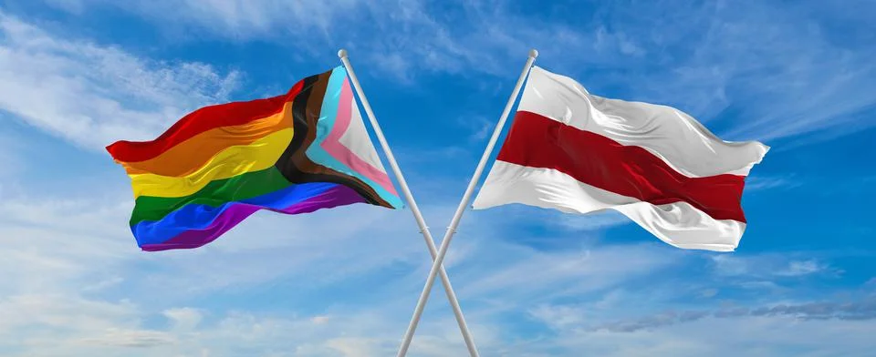 Crossed flags of progress lgbt pride and Belarus flag waving in the wind at c Stock Illustration