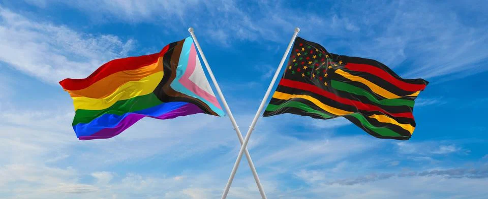 Crossed flags of progress lgbt pride and Black history month USA flag waving  Stock Illustration