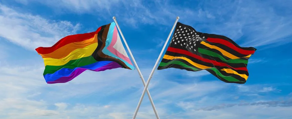 Crossed flags of progress lgbt pride and Black history month flag waving in t Stock Illustration