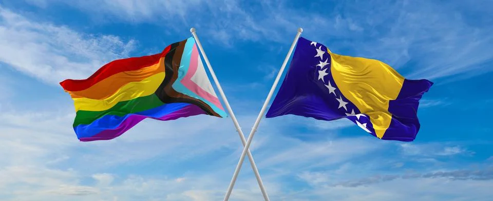 Crossed flags of progress lgbt pride and Bosnia and Herzegovina flag waving i Stock Illustration