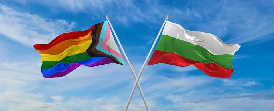 Crossed flags of progress lgbt pride and Bulgaria flag waving in the wind at  Stock Illustration