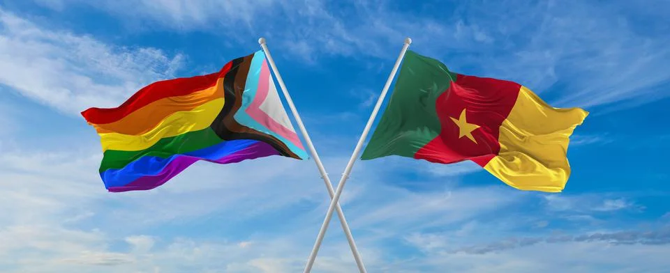 Crossed flags of progress lgbt pride and Cameroon flag waving in the wind at  Stock Illustration