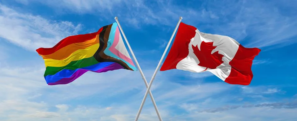 Crossed flags of progress lgbt pride and canada flag waving in the wind at cl Stock Illustration