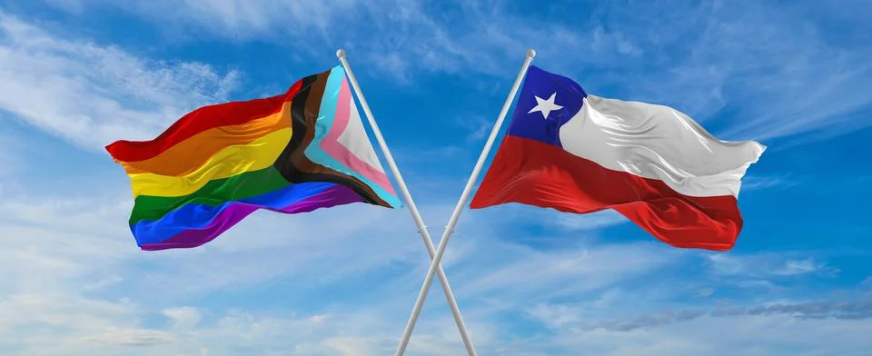 Crossed flags of progress lgbt pride and Chile flag waving in the wind at clo Illustrazione stock