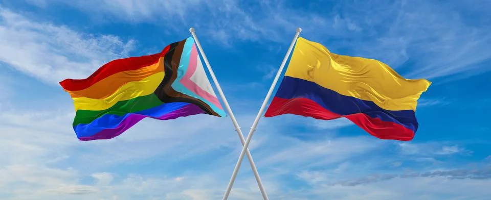 Crossed flags of progress lgbt pride and Colombia flag waving in the wind at  Stock Illustration