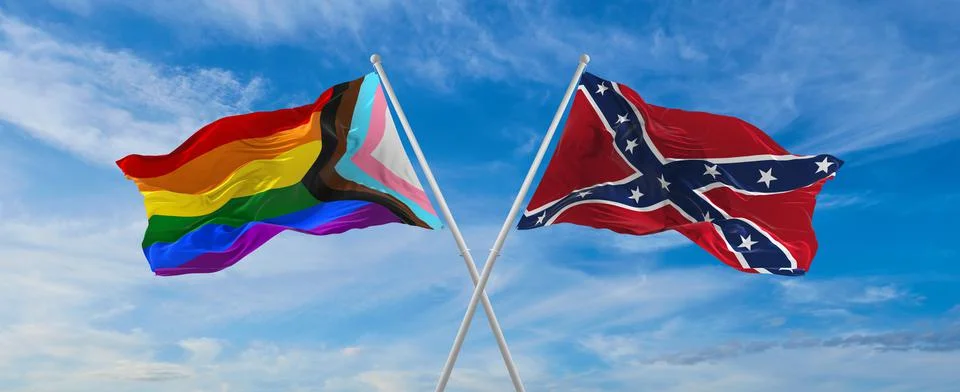 Crossed flags of progress lgbt pride and confederate battle or Dixie flag fla Stock Illustration
