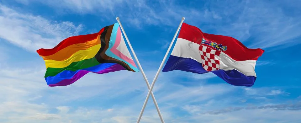 Crossed flags of progress lgbt pride and Croatia flag waving in the wind at c Stock Illustration