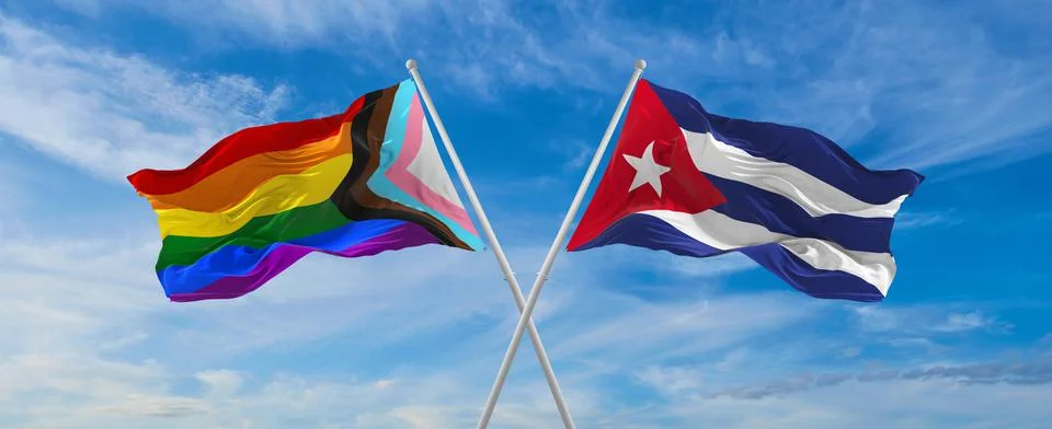 Crossed flags of progress lgbt pride and Cuba flag waving in the wind at clou Stock Illustration