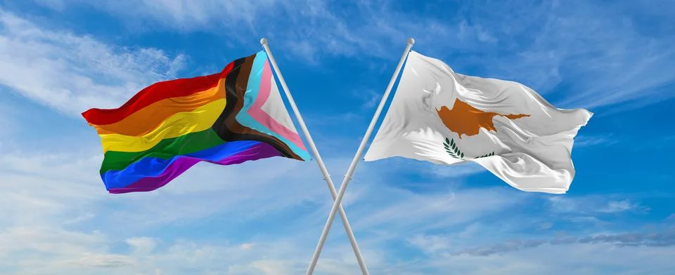 Crossed flags of progress lgbt pride and Cyprus flag waving in the wind at cl Stock Illustration