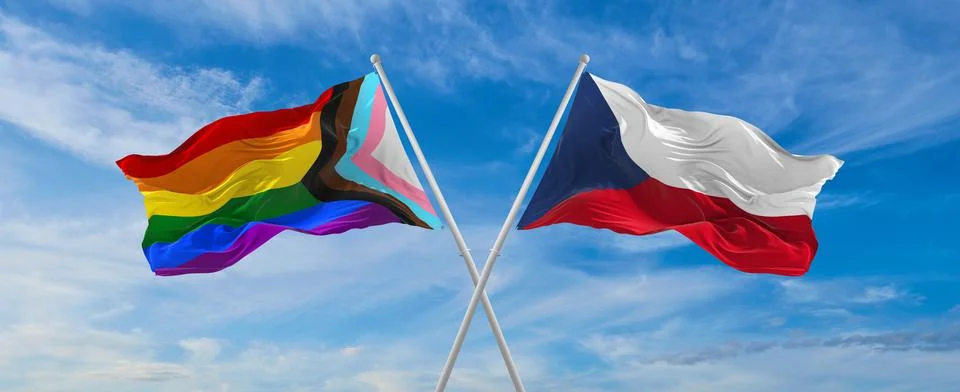 Crossed flags of progress lgbt pride and Czech Republic flag waving in the wi Stock Illustration