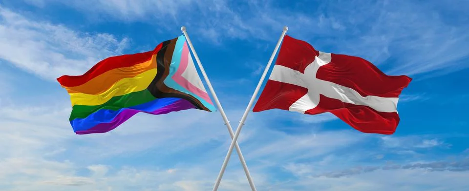 Crossed flags of progress lgbt pride and denmark flag waving in the wind at c Stock Illustration