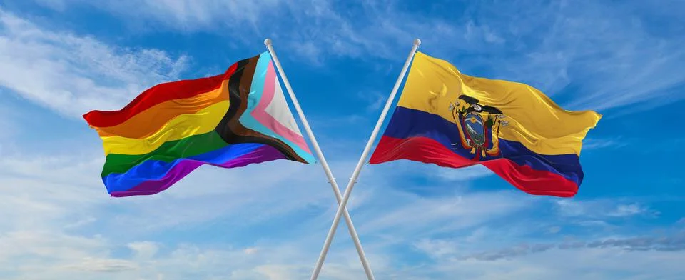 Crossed flags of progress lgbt pride and Ecuador flag waving in the wind at c Stock Illustration