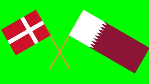 Crossed flags of Qatar and Denmark in front of a green screen. Chroma Key Stock Footage 96749026