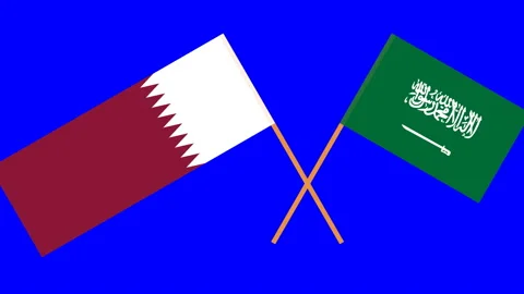 Crossed flags of Saudi Arabia and Qatar in front of a blue screen. Chroma Key Stock Footage 99348007