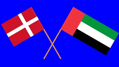 Crossed flags of United Arab Emirates and Denmark in front of a blue screen Stock Footage 96749100