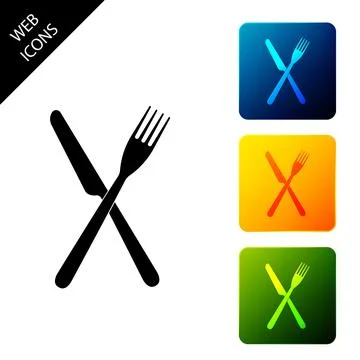 Crossed fork and knife icon isolated. Restaurant icon. Set icons colorful square Stock Illustration