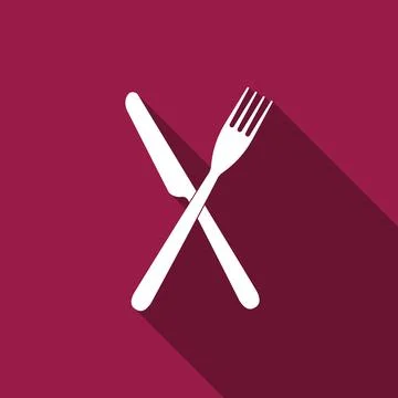 Crossed fork and knife icon isolated with long shadow. Restaurant icon. Flat Stock Illustration