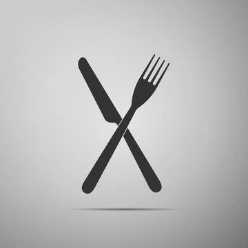 Crossed fork and knife icon isolated on grey background. Restaurant icon. Flat Stock Illustration