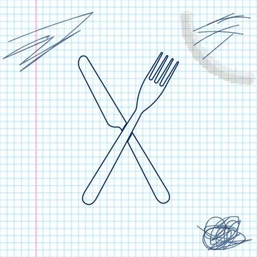 Crossed fork and knife line sketch icon isolated on white background. Restaurant Stock Illustration