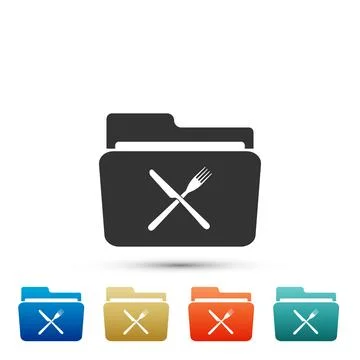 Crossed fork and knife over folder icon isolated on white background. Restaurant 库存插图