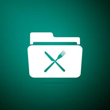 Crossed fork and knife over folder icon isolated on green background. Resta.. Stock Illustration