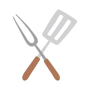Crossed fork and spatula kitchen utensil steel isolated icon design white Stock Illustration