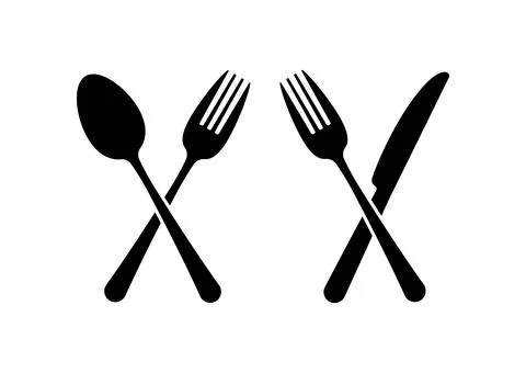 Crossed fork knife and spoon vector icon set. Stock Illustration