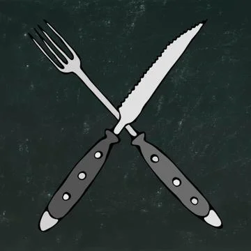 Crossed Fork over Steak Knife. Food Icon. Realistic Doodle Cartoon Style Hand Illustrazione stock