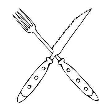 Crossed Fork over Steak Knife. Food Icon. Realistic Doodle Cartoon Style Hand Illustrazione stock