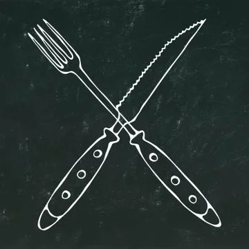 Crossed Fork over Steak Knife. Food Icon. Realistic Doodle Cartoon Style Hand Illustrazione stock