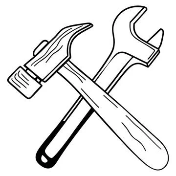 Crossed hammer and wrench tools black and white Stock Illustration