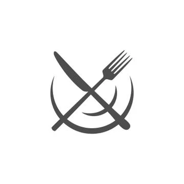 Crossed knife over fork that lie on a plate. Stock Illustration