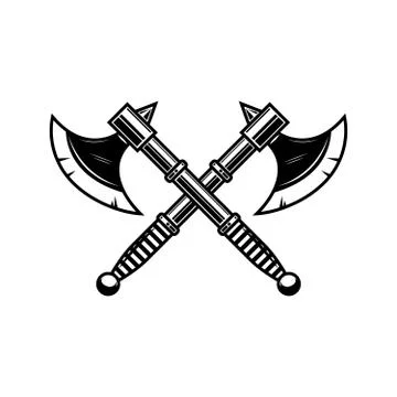 Crossed medieval axe. Design element for label, badge, sign. Vector illustrat Stock Illustration