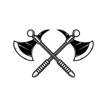 Crossed medieval axe. Design element for label, badge, sign. Vector illustrat Stock Illustration