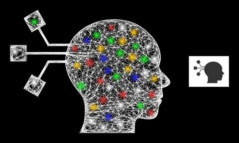 Crossed Mesh Brain Connection Icon with Multicolored Glare Spots Stock Illustration