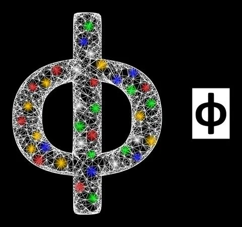Crossed Mesh Phi Greek Lowercase Symbol Icon with Colorful Flash Nodes Illustrazione stock