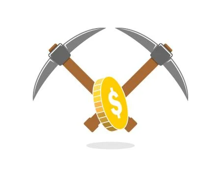 Crossed mining axe with coin in the middle 스톡 일러스트
