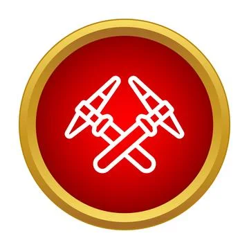 Crossed mining pickaxe tools on red button icon Stock-Illustration