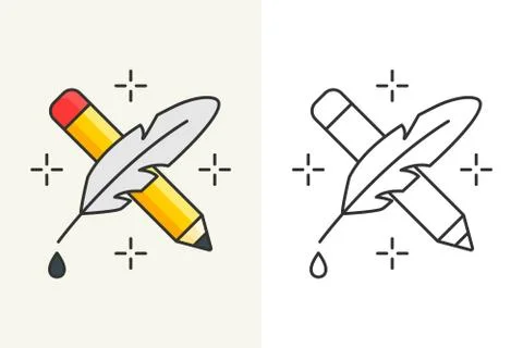 Crossed pencil with feather vector icon editable stroke Stock Illustration